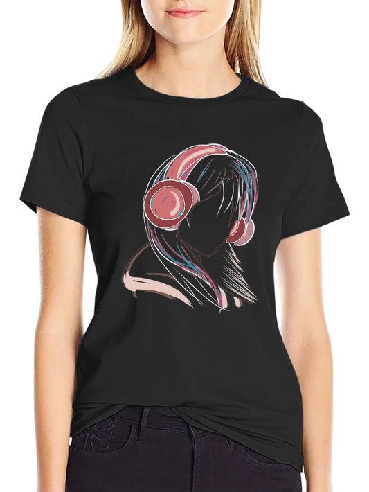 Headphone Girl Graphic Tee - Stylish Black T-Shirt