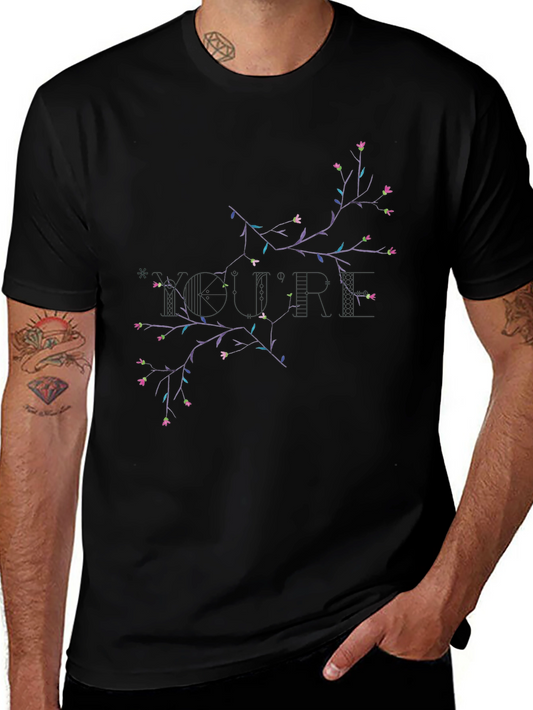 Floral Branch Print Black Crewneck T-Shirt