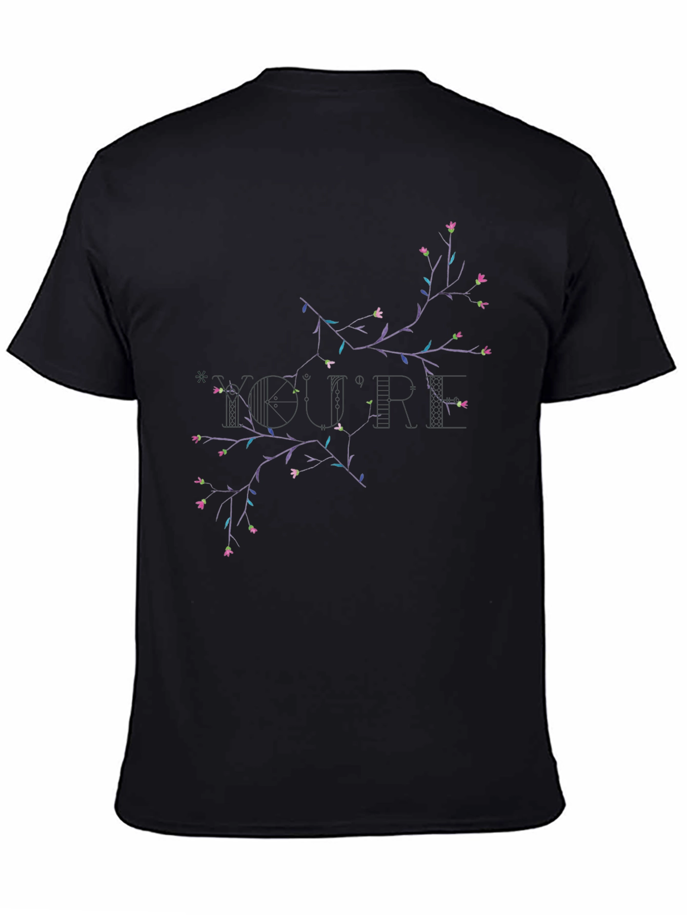 Floral Branch Print Black Crewneck T-Shirt
