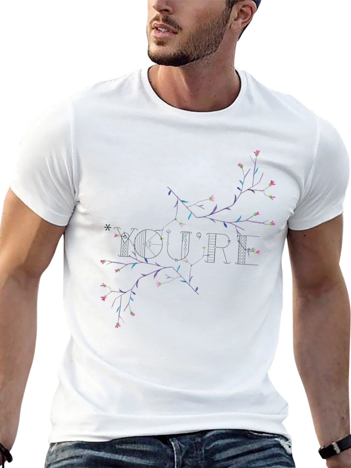 Floral Branch Print Black Crewneck T-Shirt