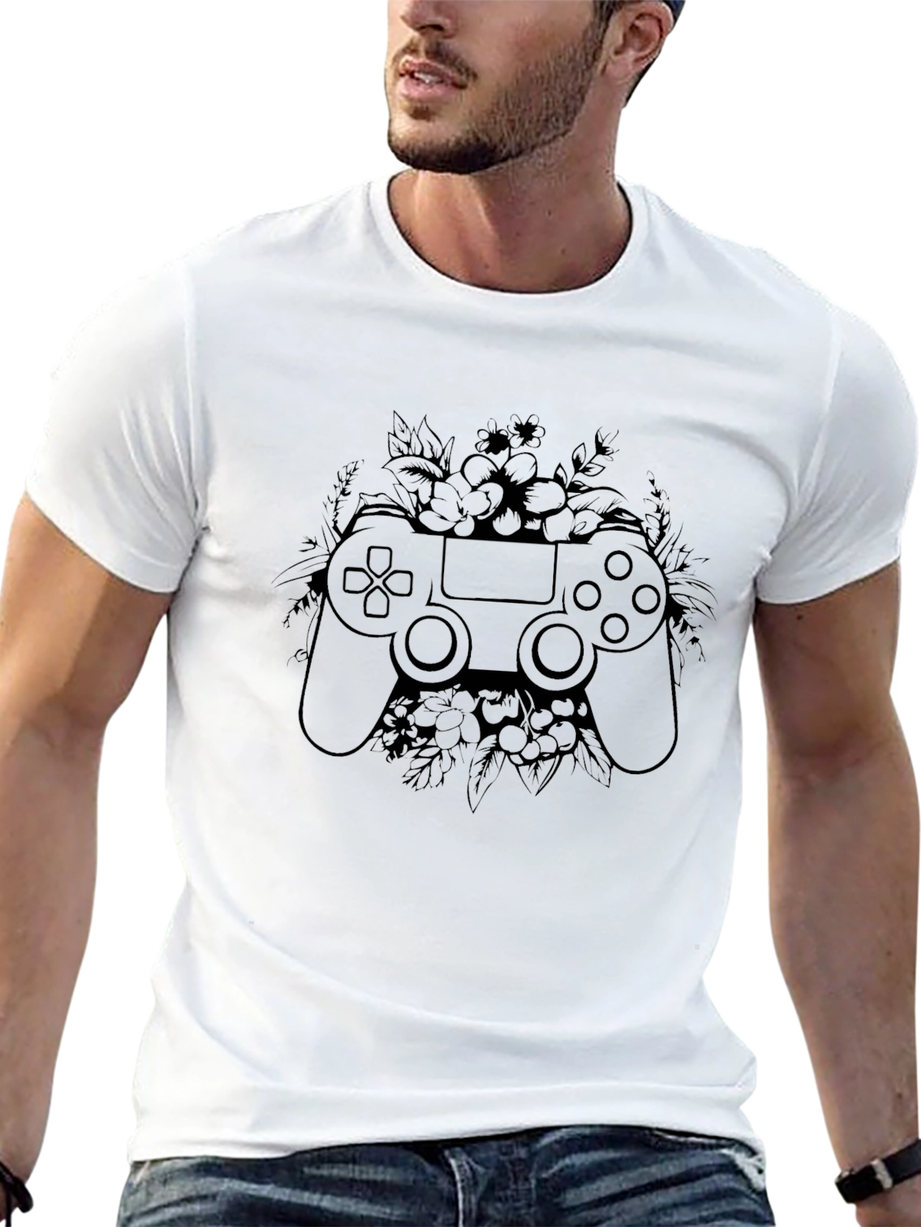 Gamer Floral Controller Graphic Tee - Black