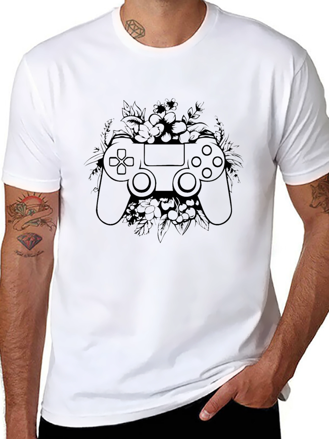 Gamer Floral Controller Graphic Tee - Black