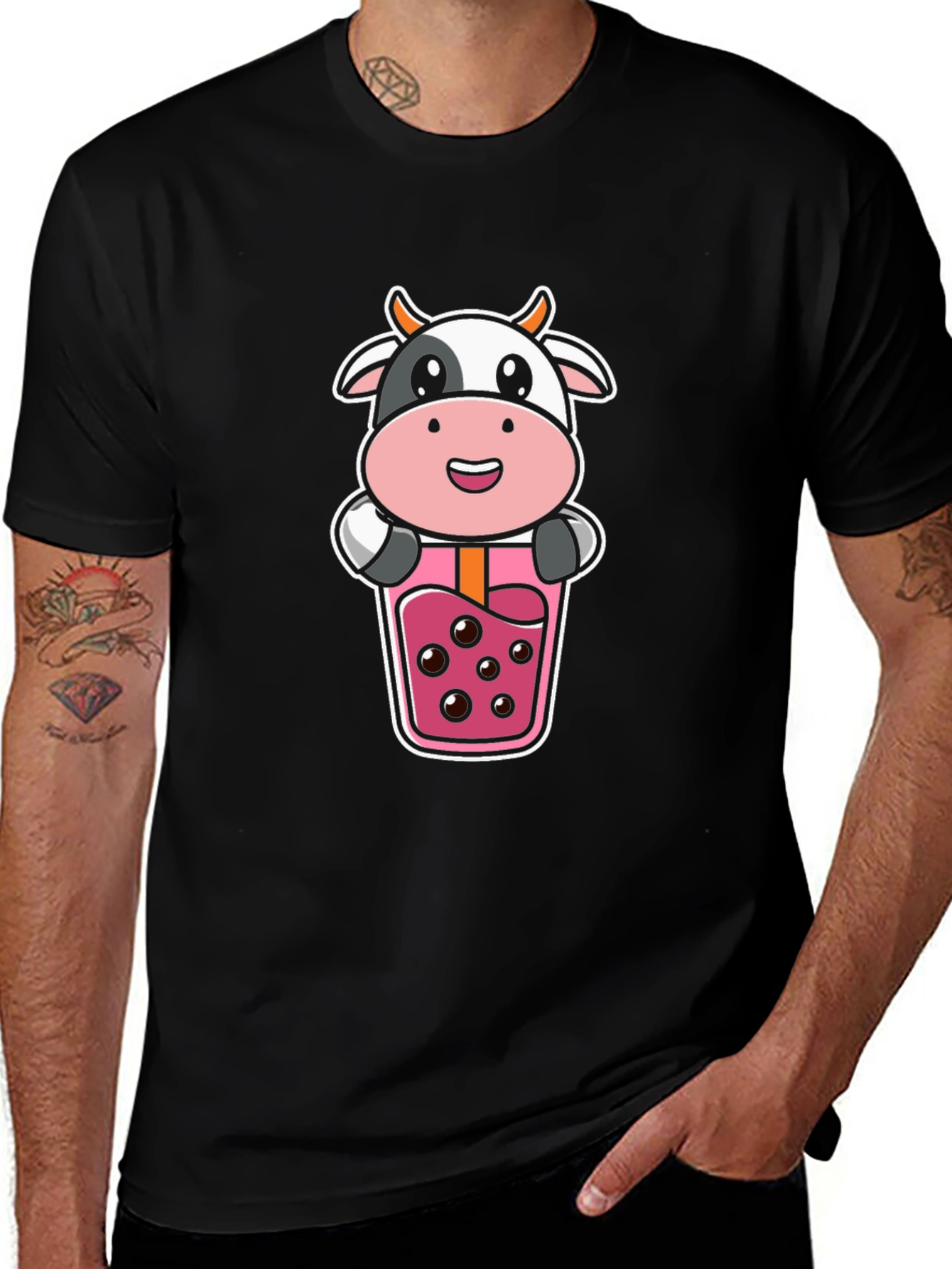 Cute Cow Boba Tea Graphic Black T-Shirt