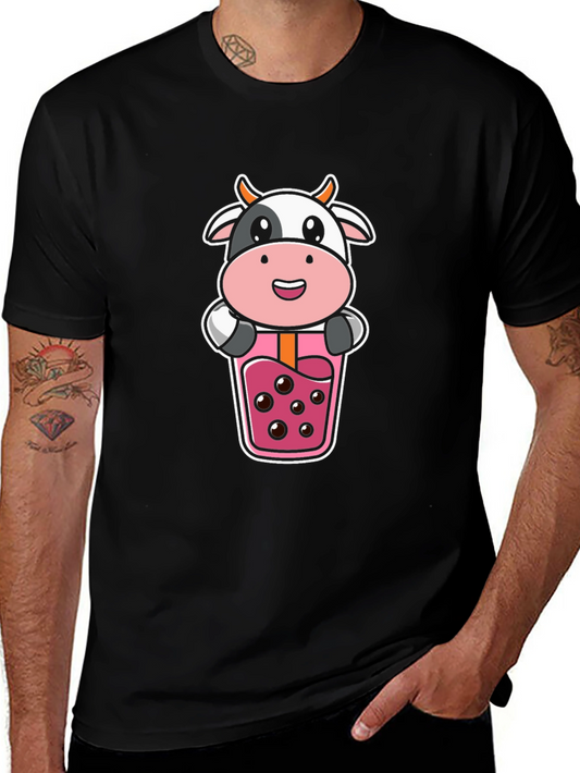 Cute Cow Boba Tea Graphic Black T-Shirt