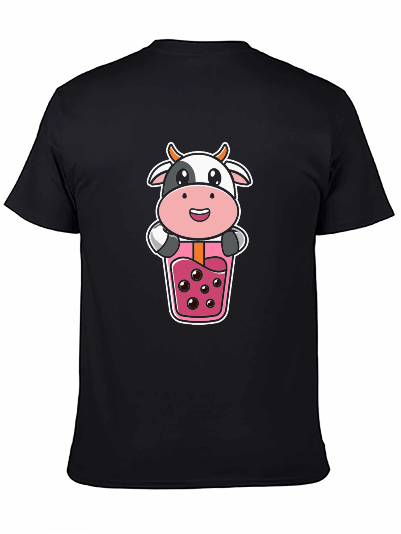 Cute Cow Boba Tea Graphic Black T-Shirt