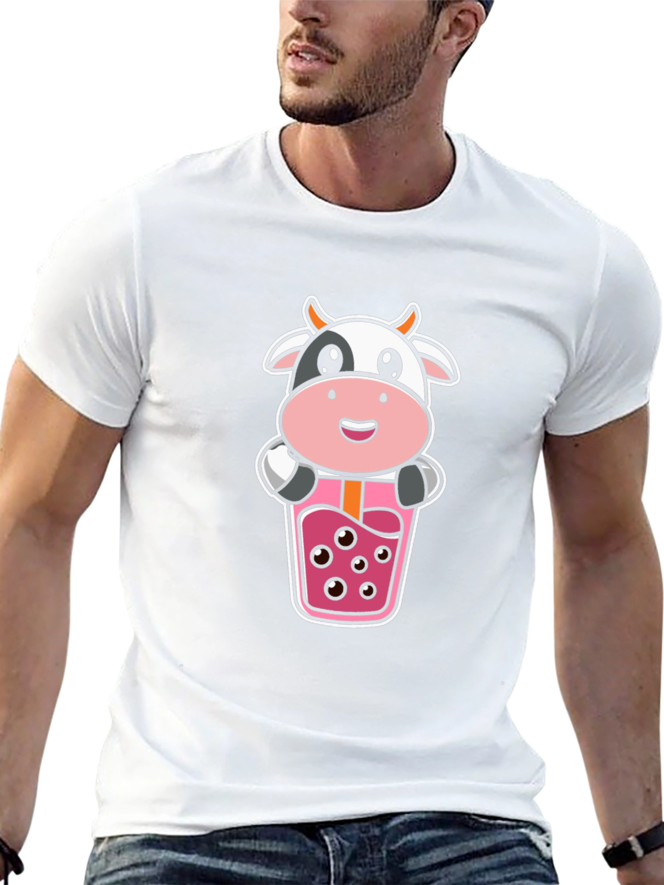 Cute Cow Boba Tea Graphic Black T-Shirt
