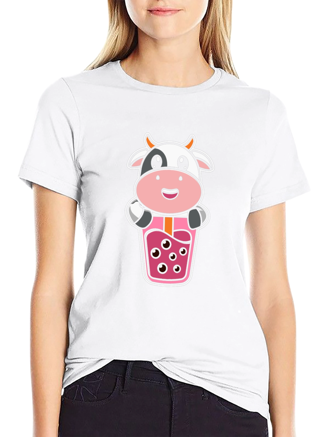 Cute Cow Boba Tea Graphic Black T-Shirt