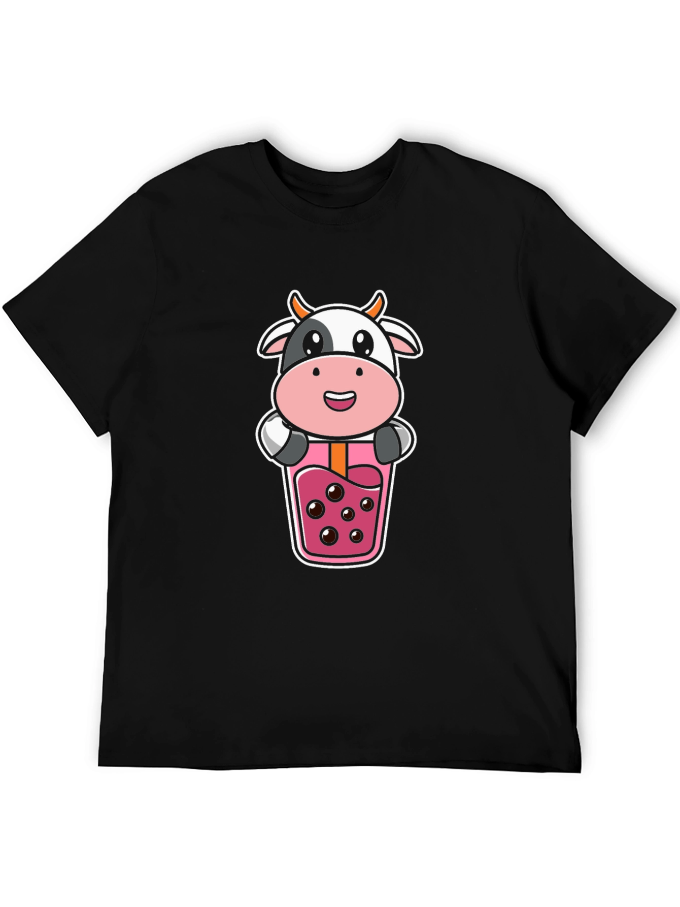 Cute Cow Boba Tea Graphic Black T-Shirt