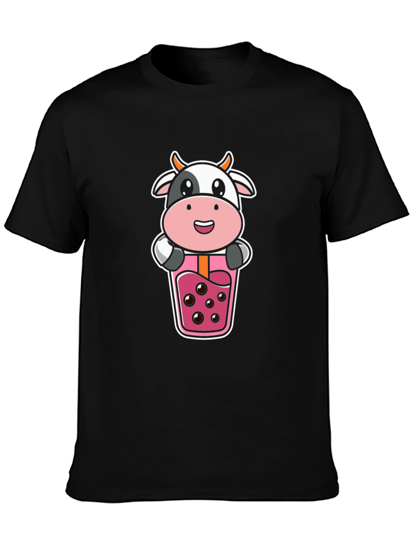 Cute Cow Boba Tea Graphic Black T-Shirt