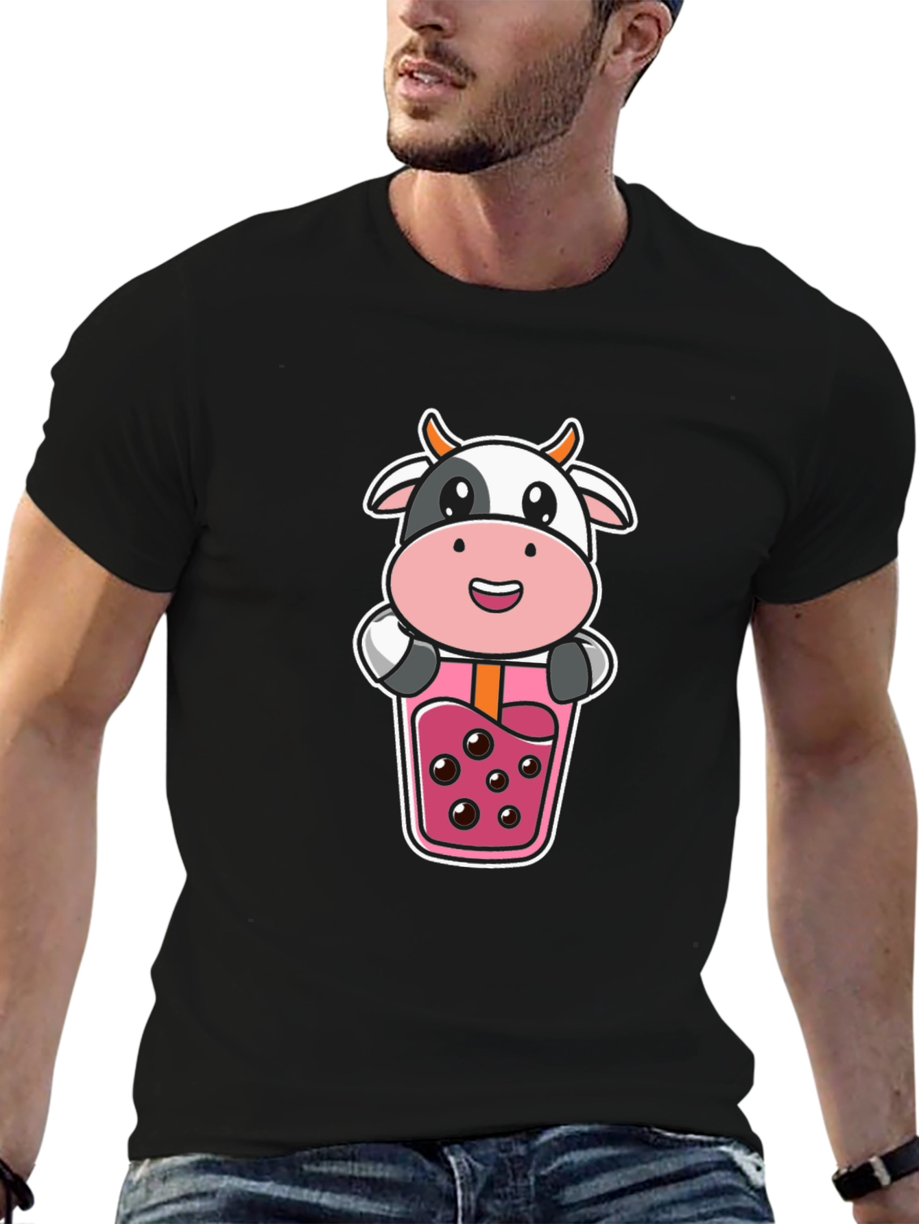 Cute Cow Boba Tea Graphic Black T-Shirt