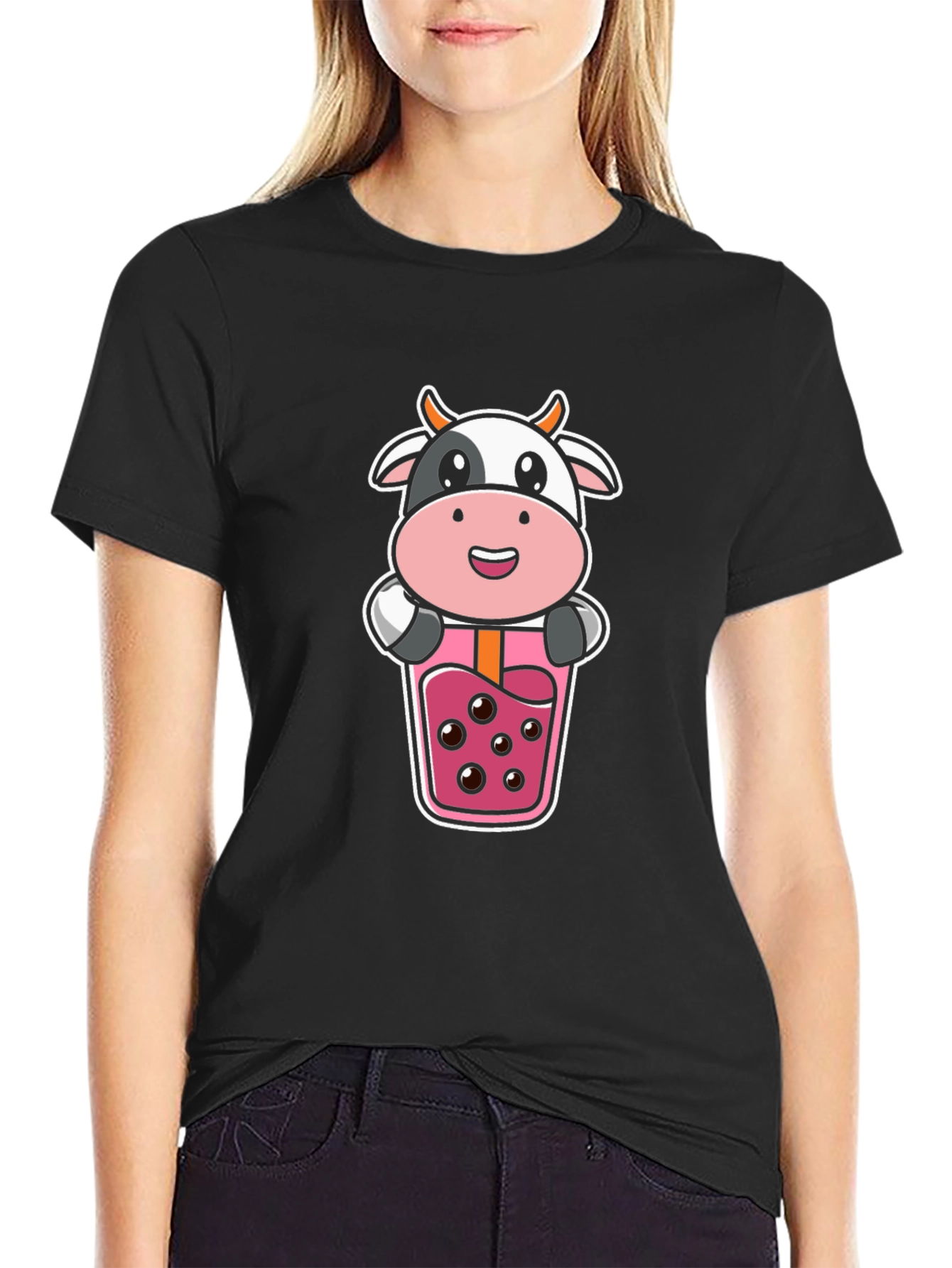 Cute Cow Boba Tea Graphic Black T-Shirt