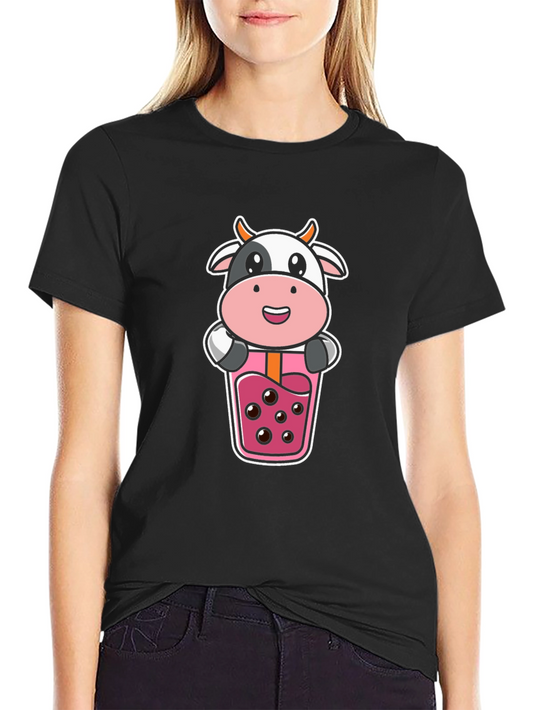 Cute Cow Boba Tea Graphic Black T-Shirt