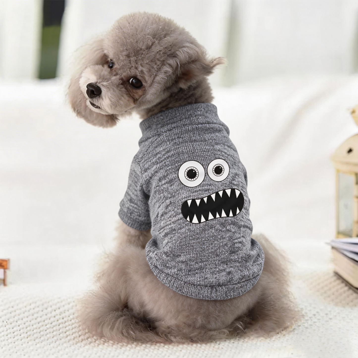 Funny Big Eye Monster Cartoon Gray Pet Soft Cardigan Sweater