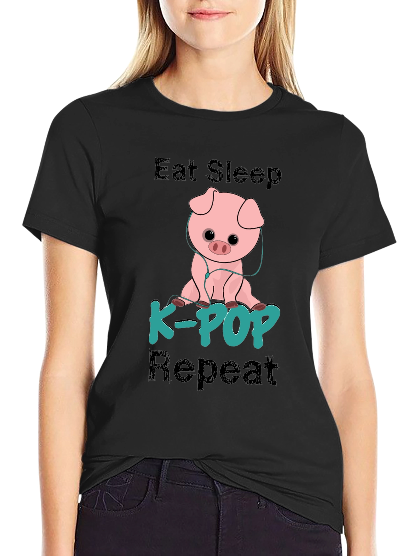 Eat Sleep K-Pop Repeat Pig Graphic Tee