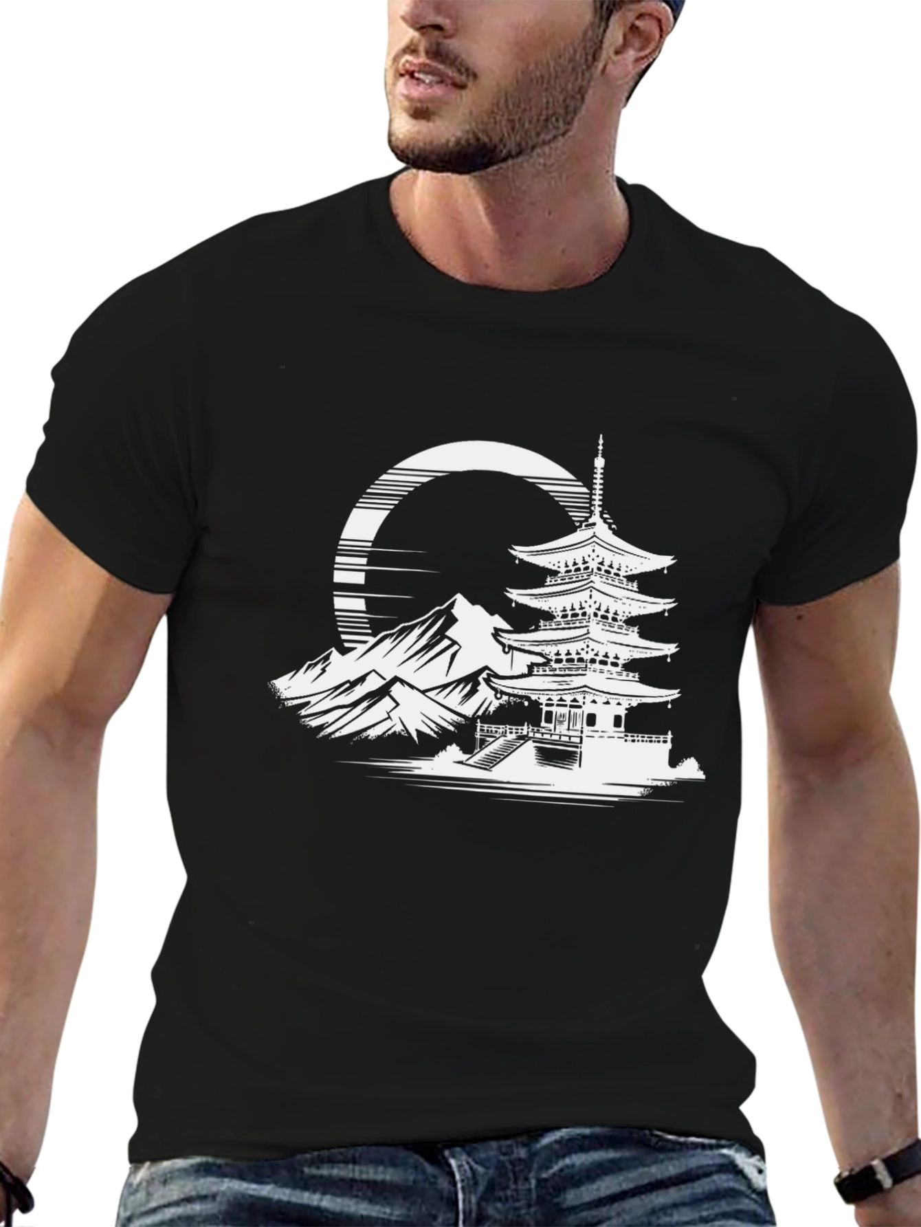 Japanese Pagoda Graphic Tee - Stylish Black T-Shirt