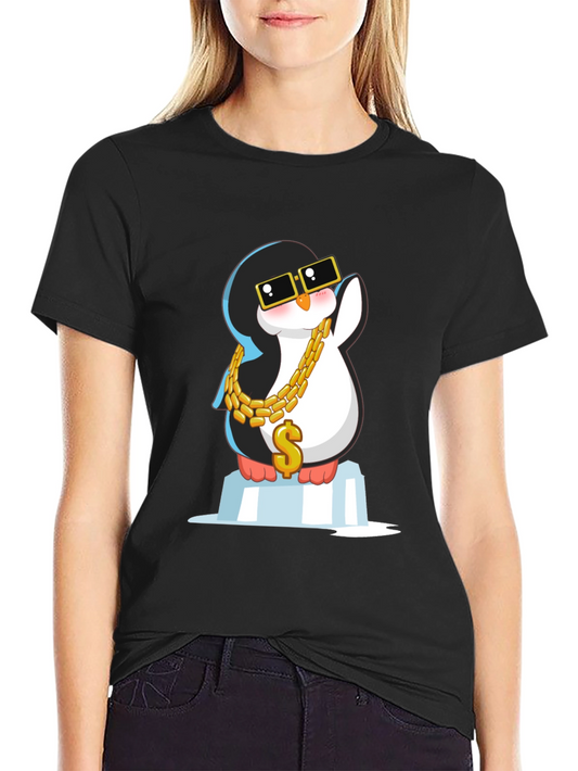 Cool Penguin Black T-Shirt with Gold Chain