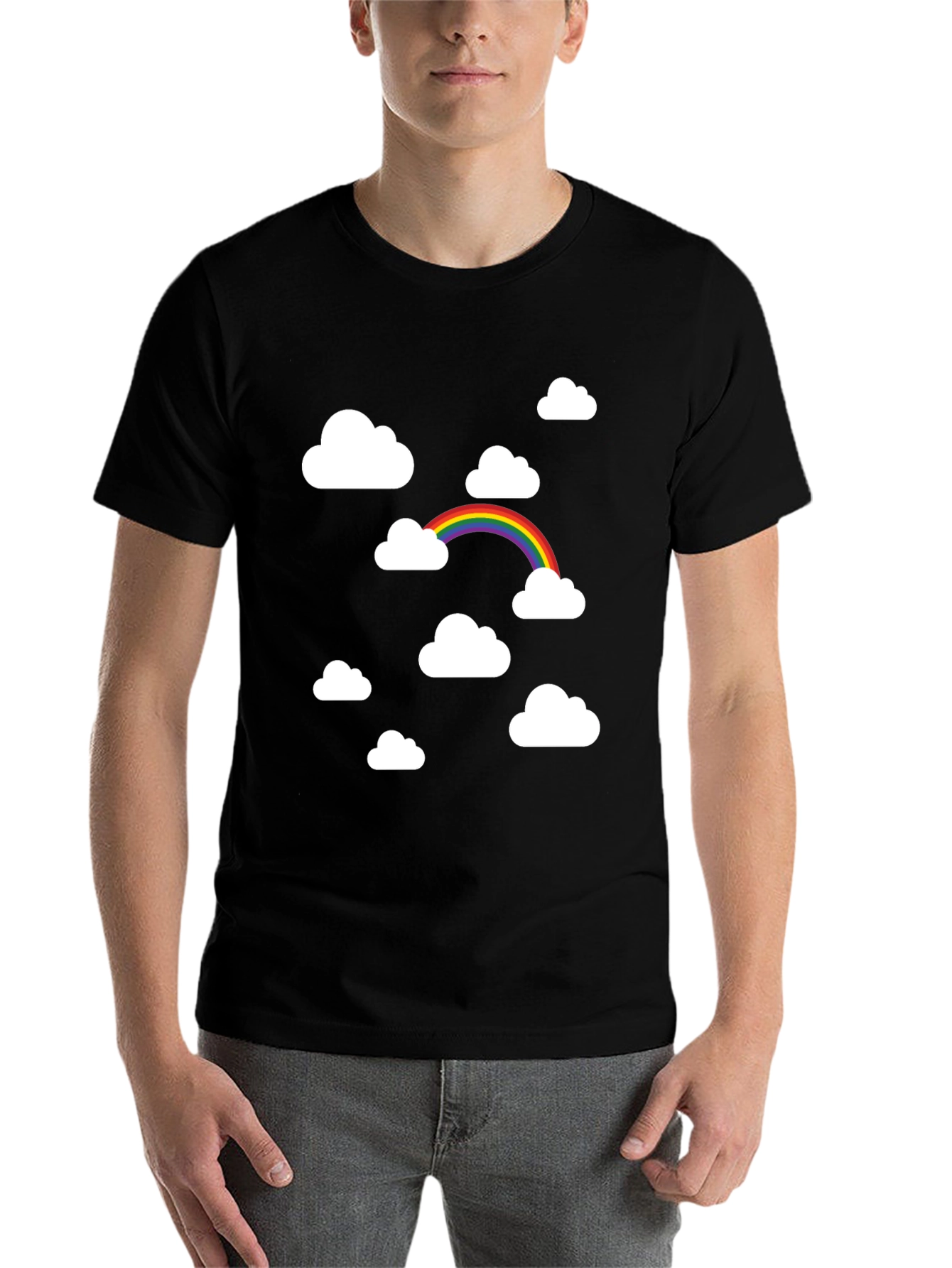 Rainbow Clouds Black Graphic Tee - Trendy Comfort