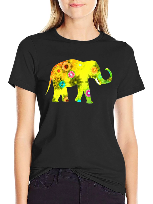 Floral Elephant Print Black T-Shirt