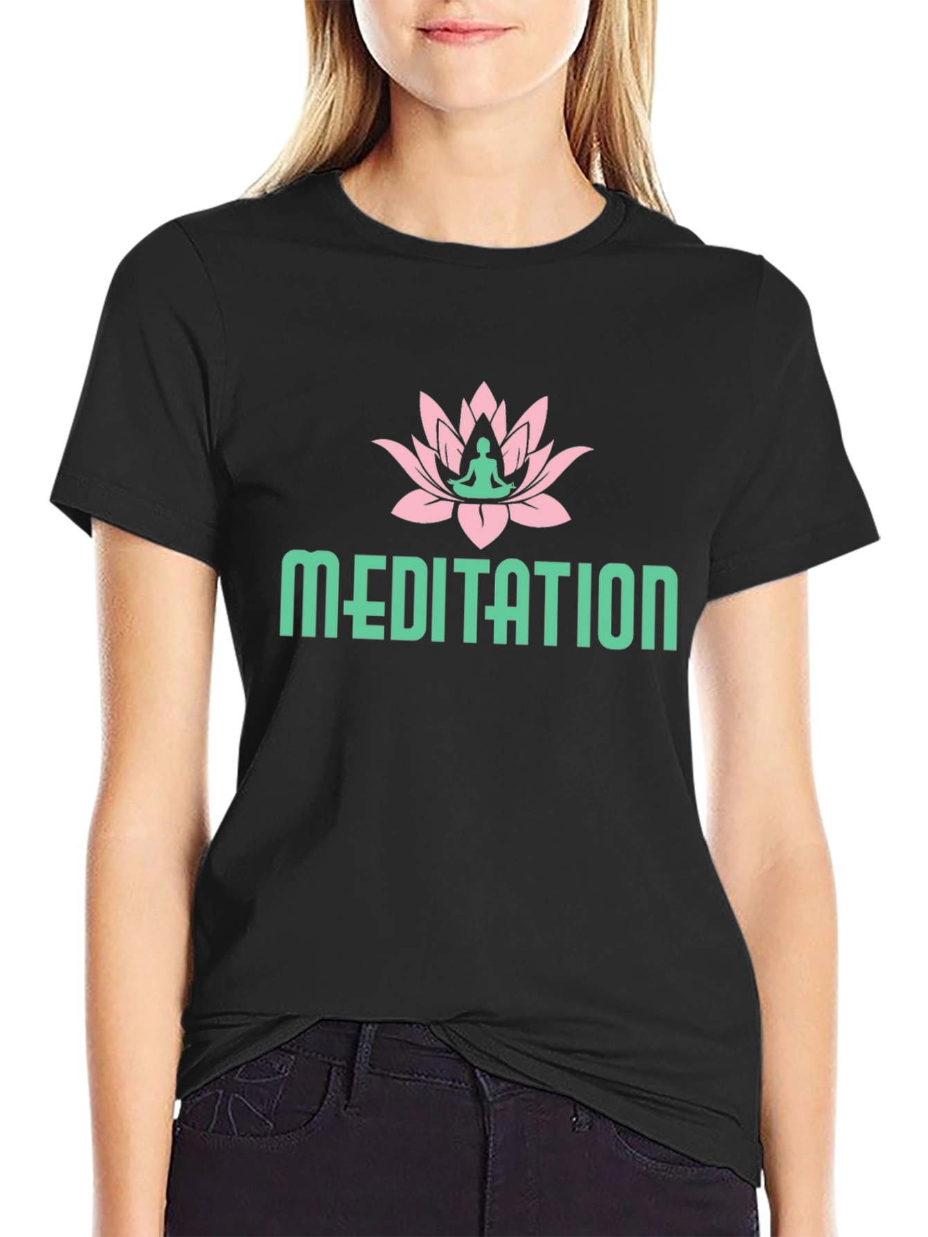 Meditation Lotus Flower Graphic Tee - Black Cotton T-Shirt