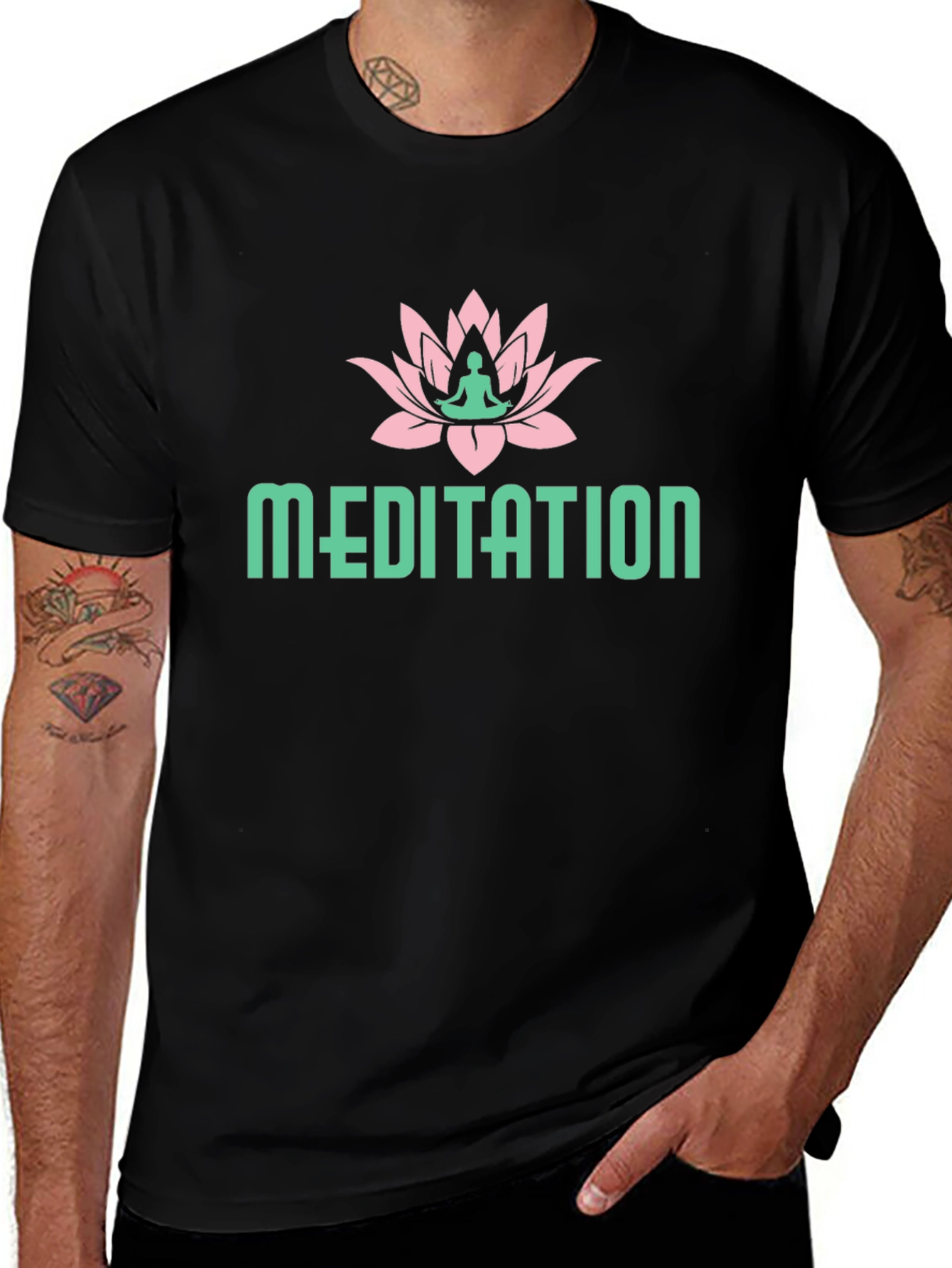 Meditation Lotus Flower Graphic Tee - Black Cotton T-Shirt