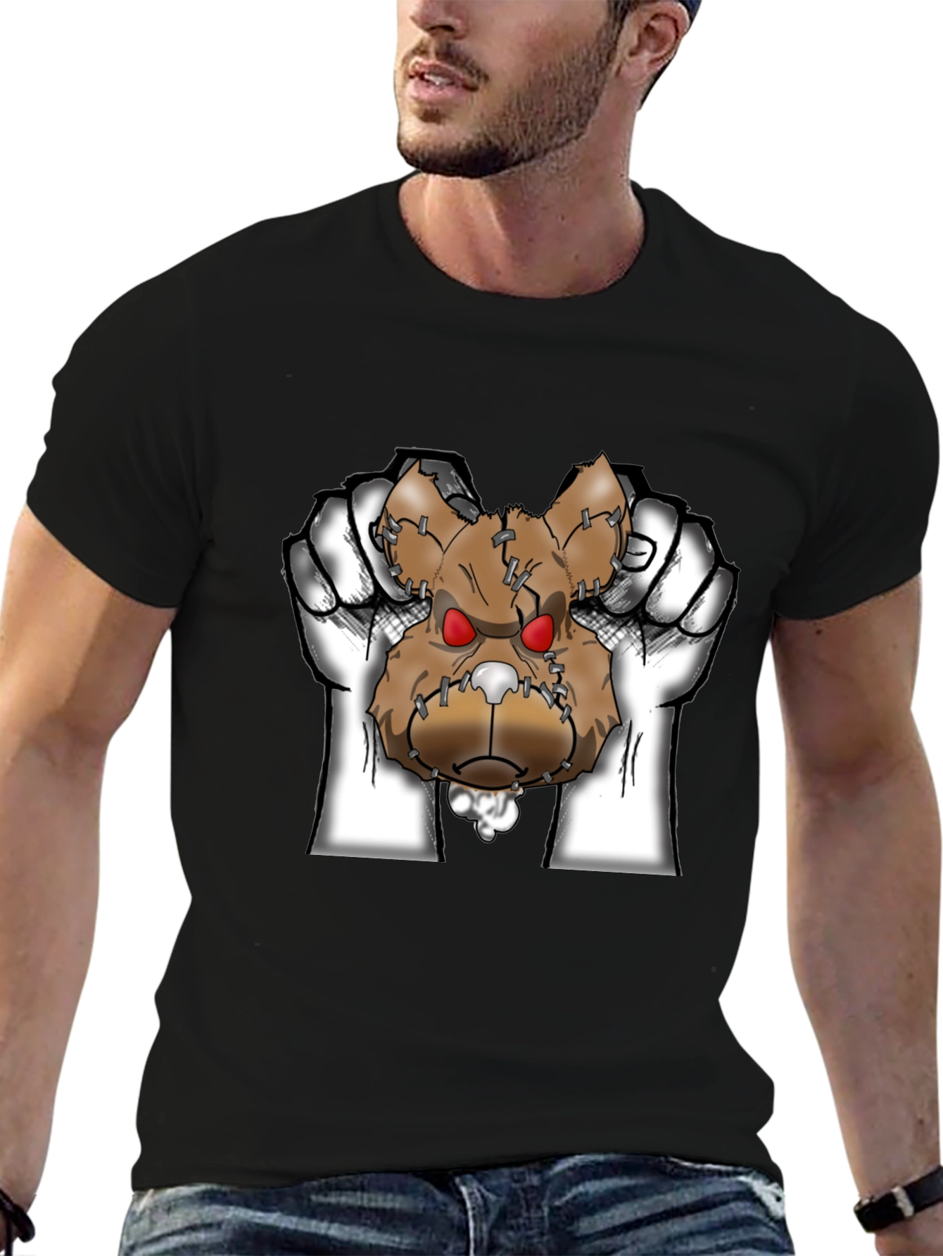 Mens Black Graphic T-Shirt with Ripped Teddy Bear Design