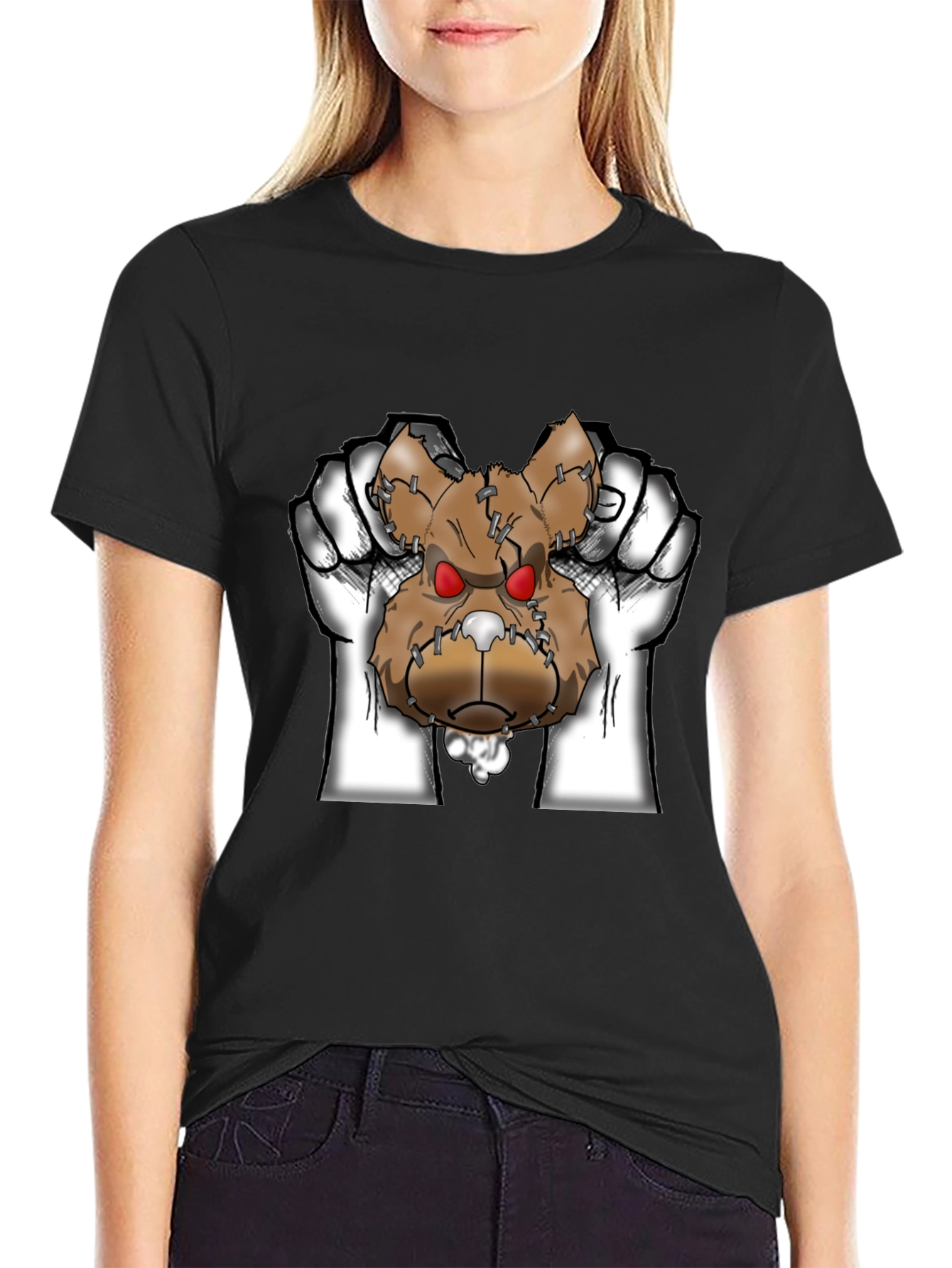 Mens Black Graphic T-Shirt with Ripped Teddy Bear Design