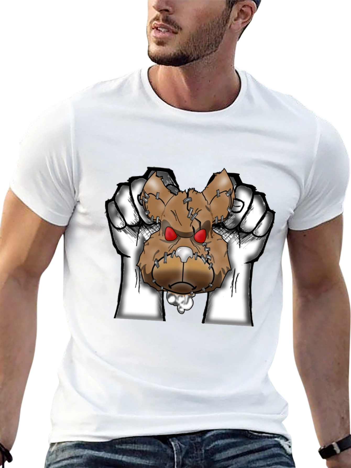 Mens Black Graphic T-Shirt with Ripped Teddy Bear Design