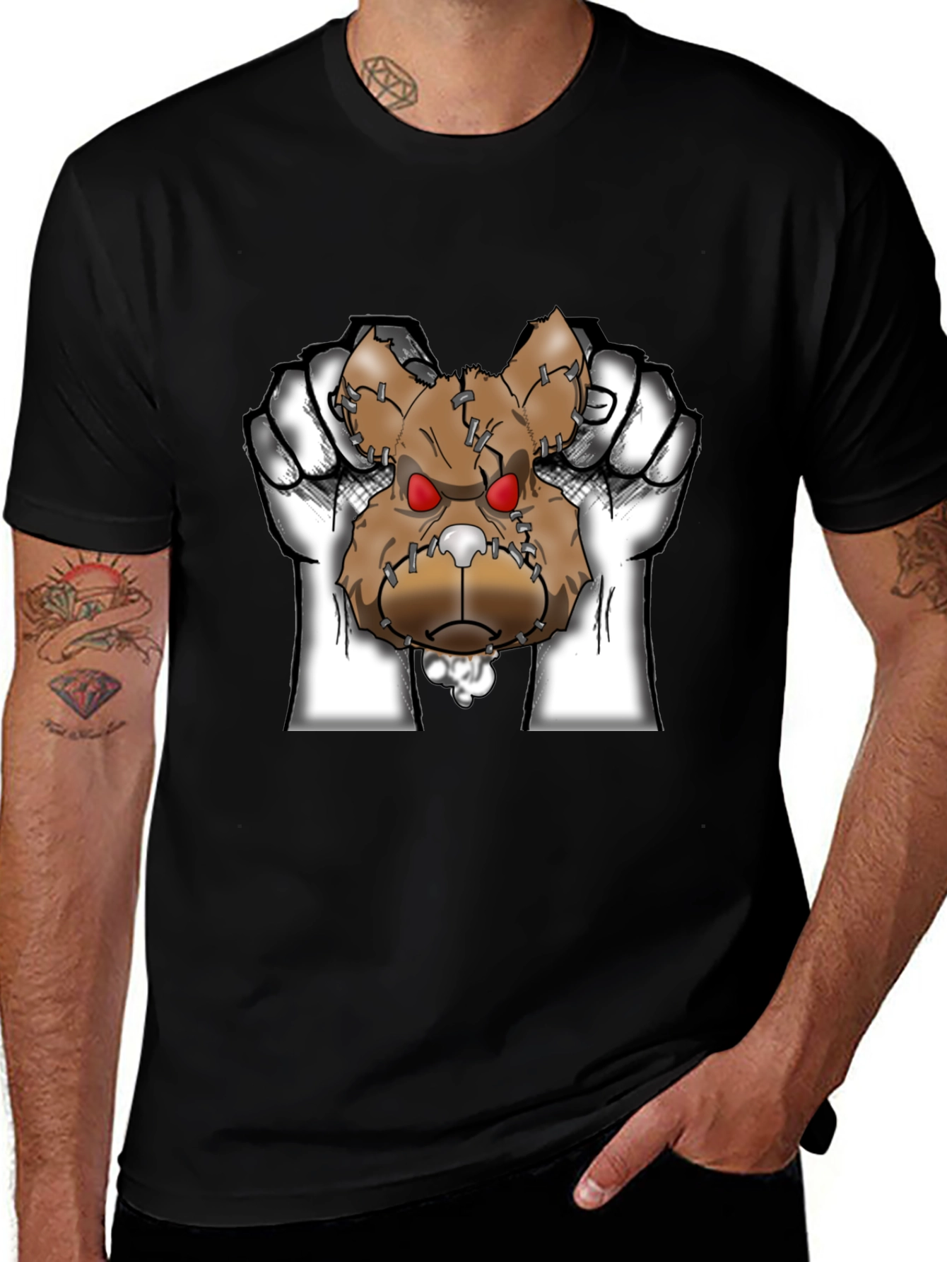 Mens Black Graphic T-Shirt with Ripped Teddy Bear Design