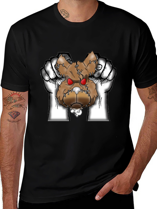 Mens Black Graphic T-Shirt with Ripped Teddy Bear Design
