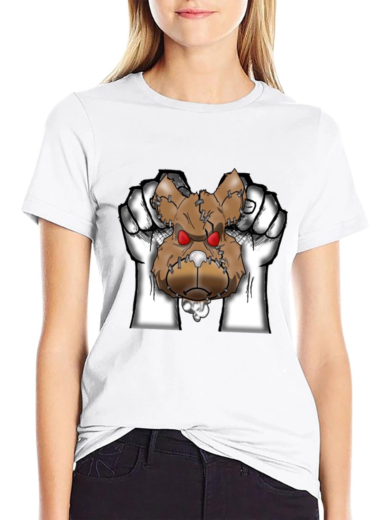 Mens Black Graphic T-Shirt with Ripped Teddy Bear Design