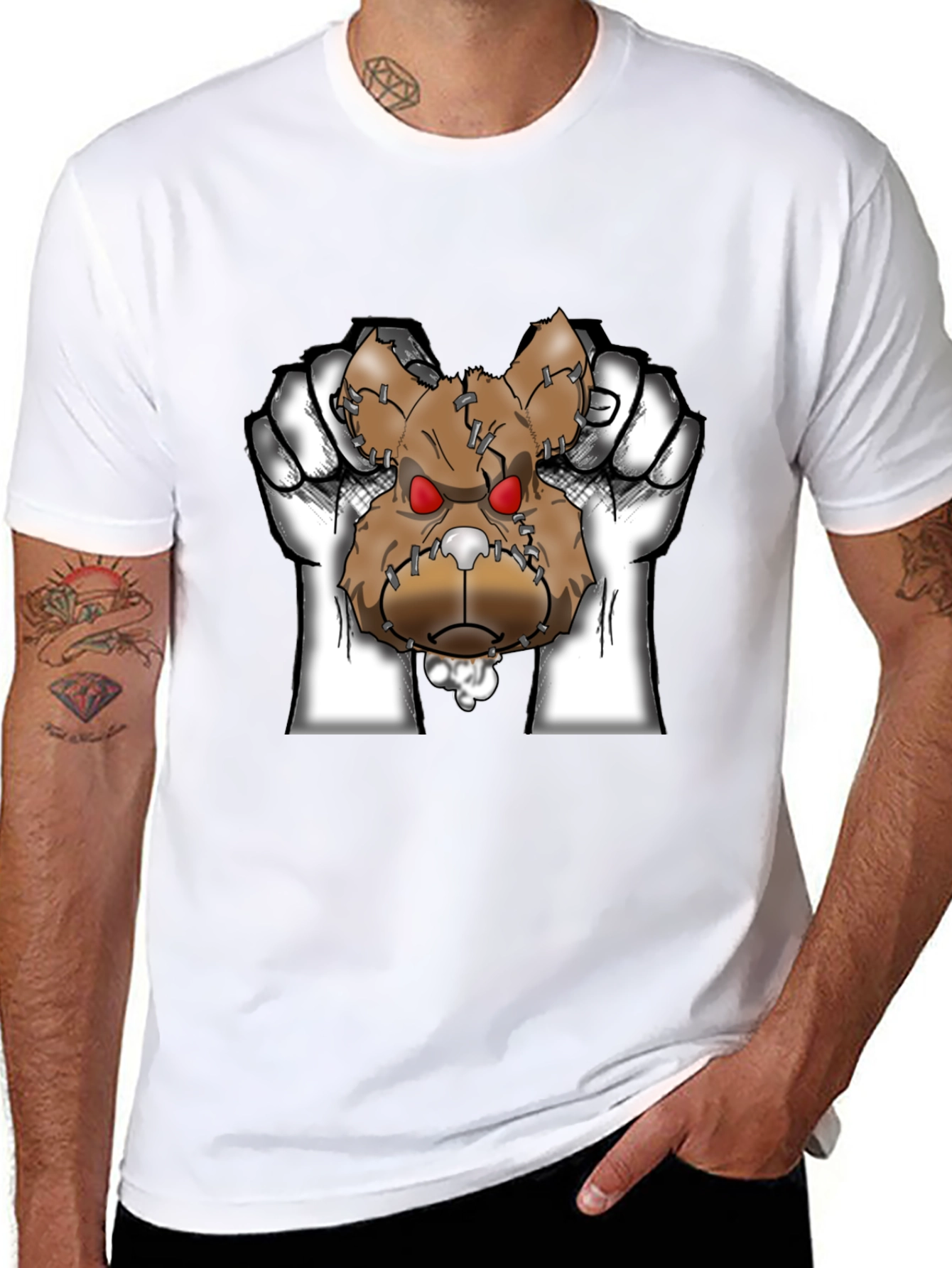 Mens Black Graphic T-Shirt with Ripped Teddy Bear Design