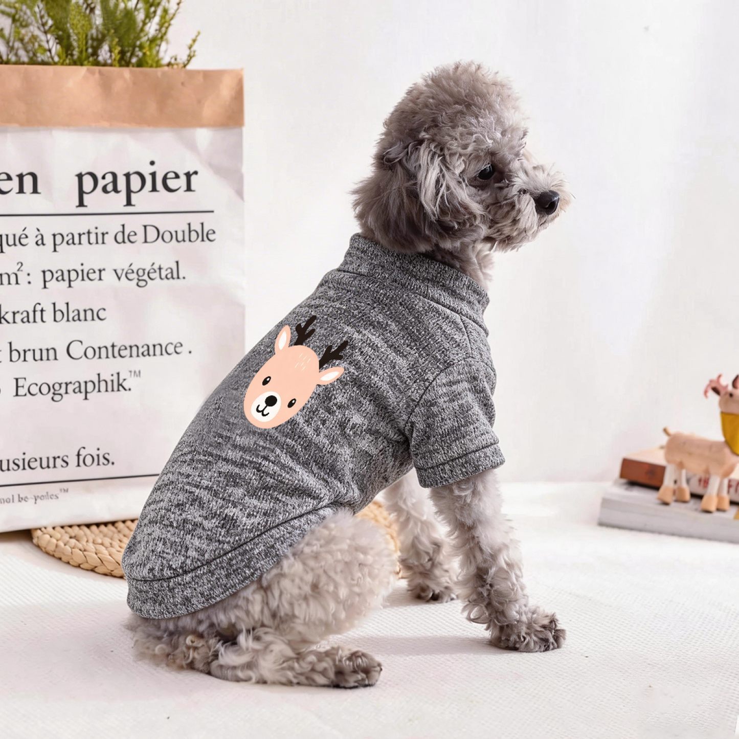 Adorable Cartoon Deer Head Grey Dog Sweater