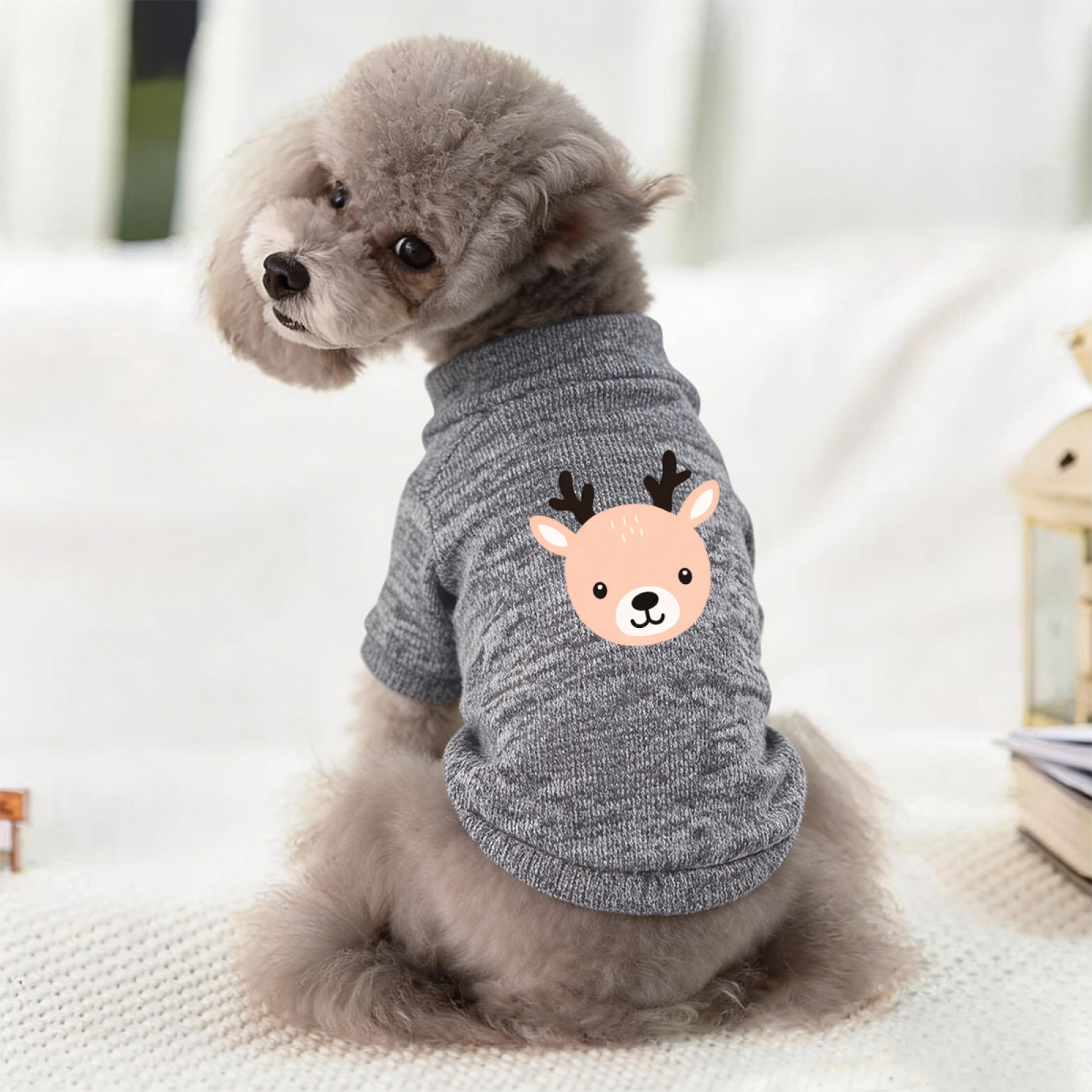 Adorable Cartoon Deer Head Grey Dog Sweater