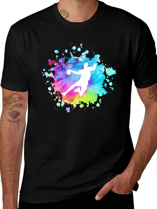 Handball Player Graphic T-Shirt - Colorful Splatter Design