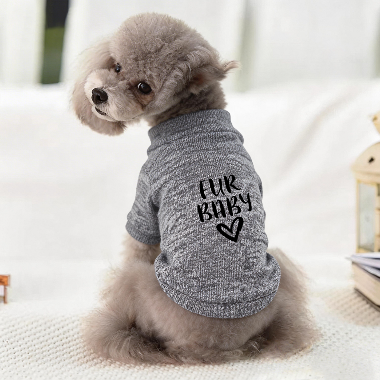 Fur Baby Black Heart Grey Pet Sweater, Simple Cozy Fur Baby Clothes