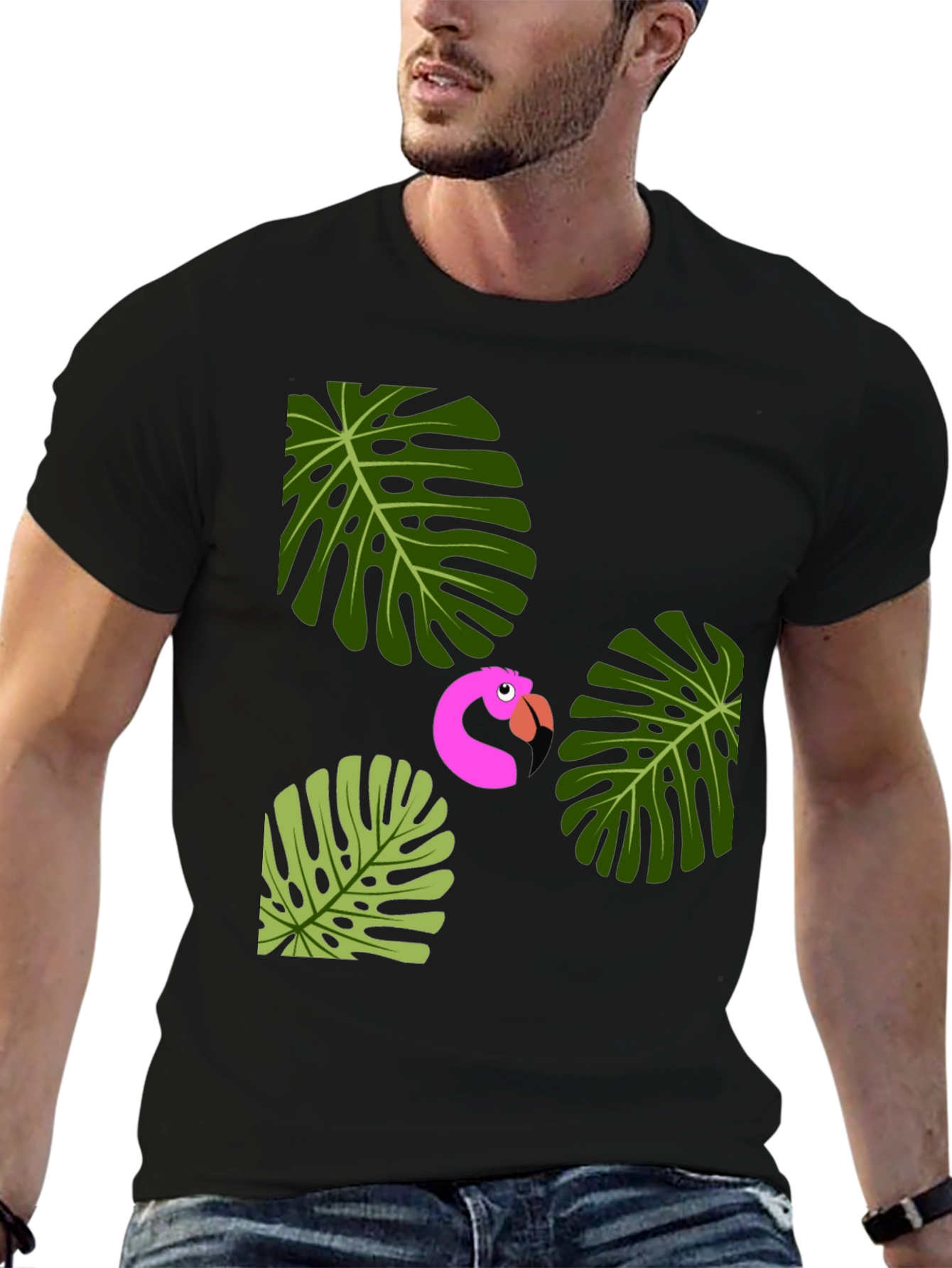 Tropical Flamingo Mens Black Graphic Tee