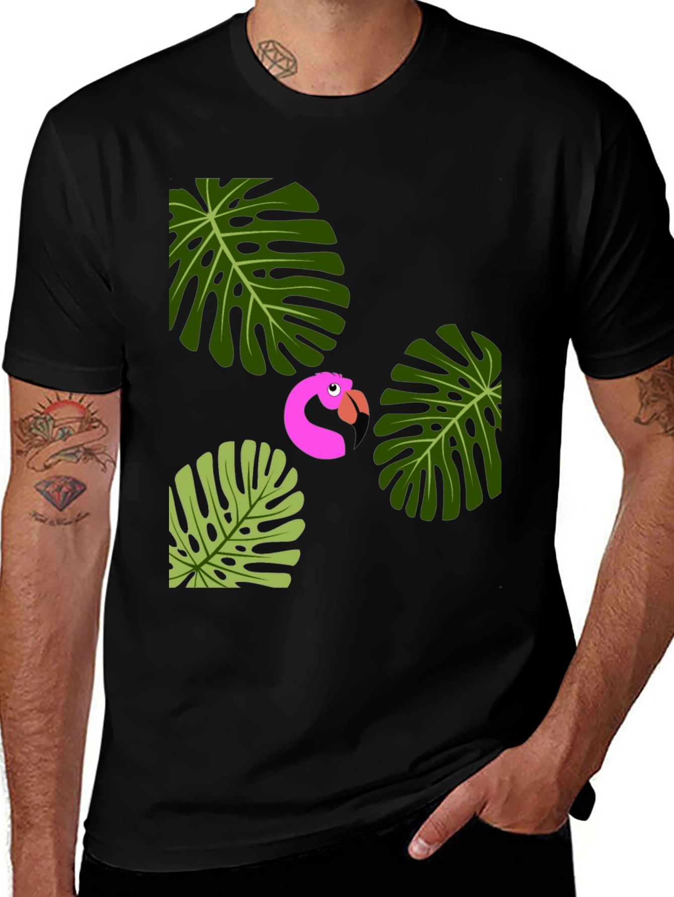 Tropical Flamingo Mens Black Graphic Tee