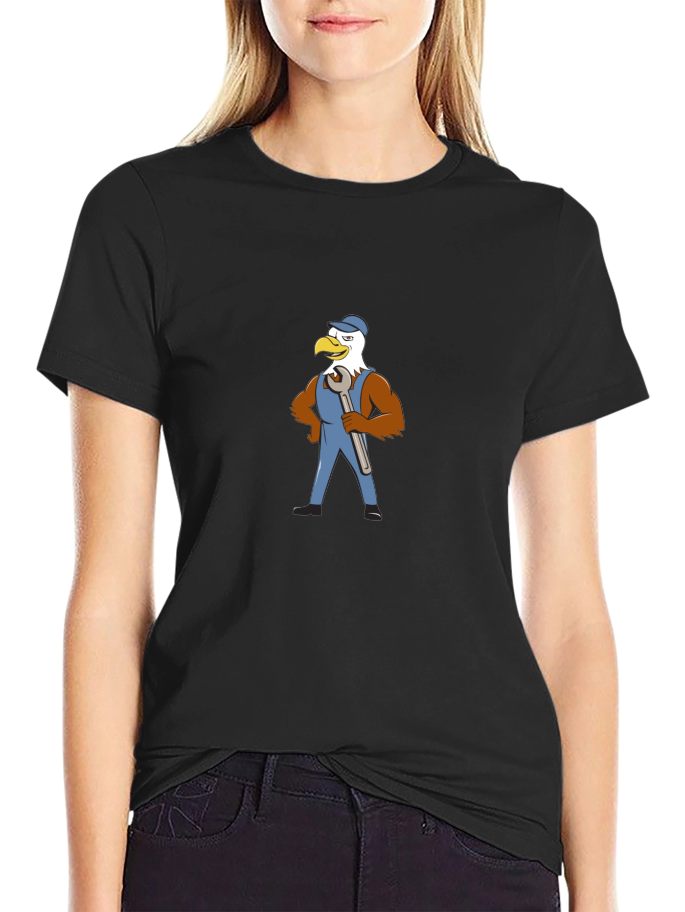 Eagle Mechanic Cartoon Black T-Shirt