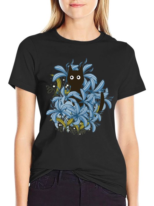 Floral Cat Black T-Shirt