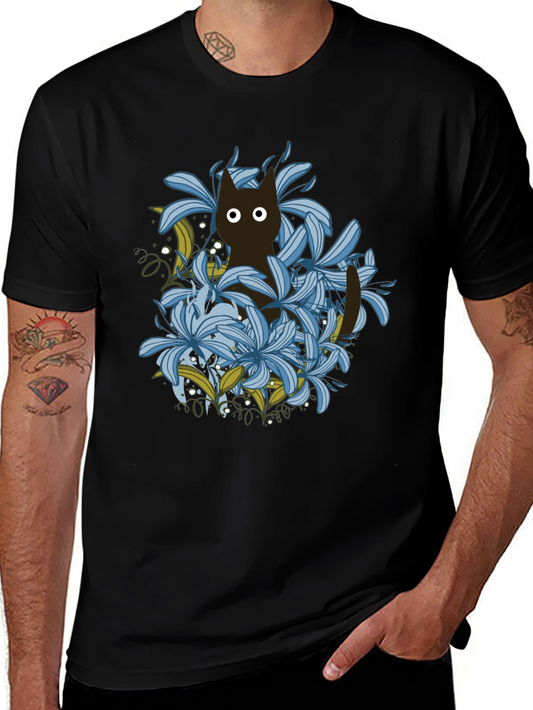 Floral Cat Black T-Shirt