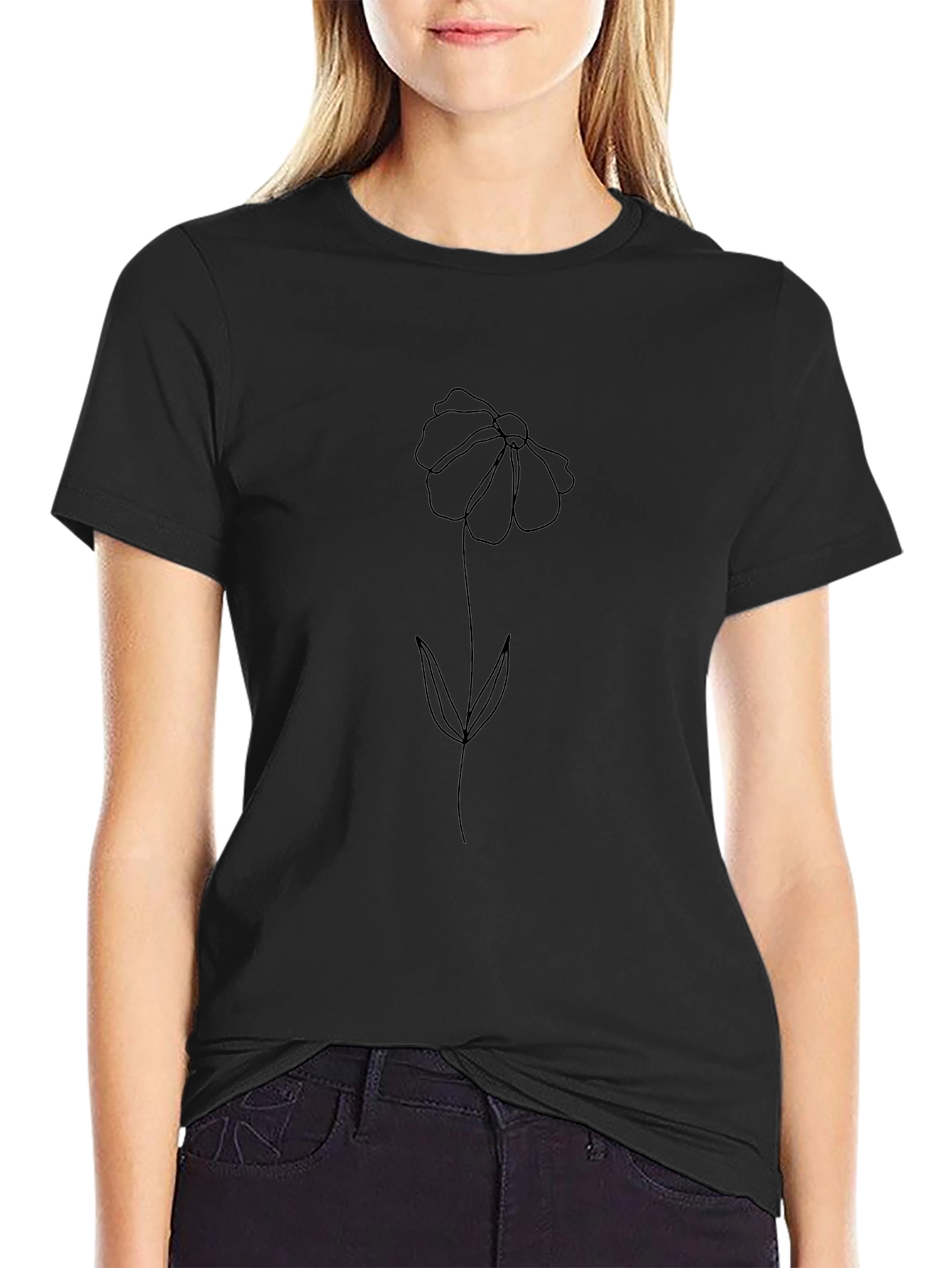 Minimalist Flower Graphic Black T-Shirt