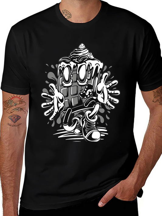 Cartoon Chocolate Bar Graphic Tee - Black Cotton Blend