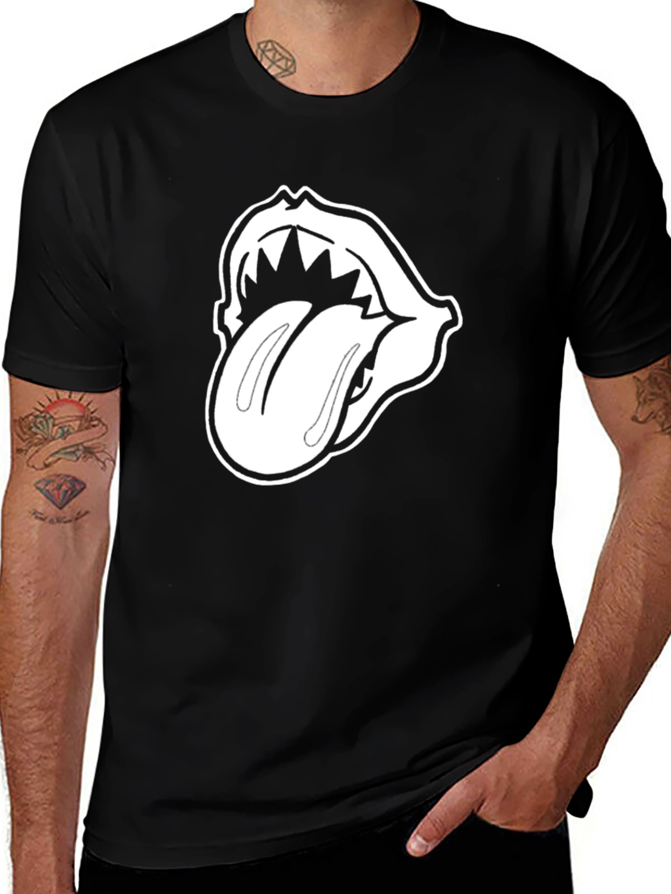 Black T-Shirt with White Tongue Graphic