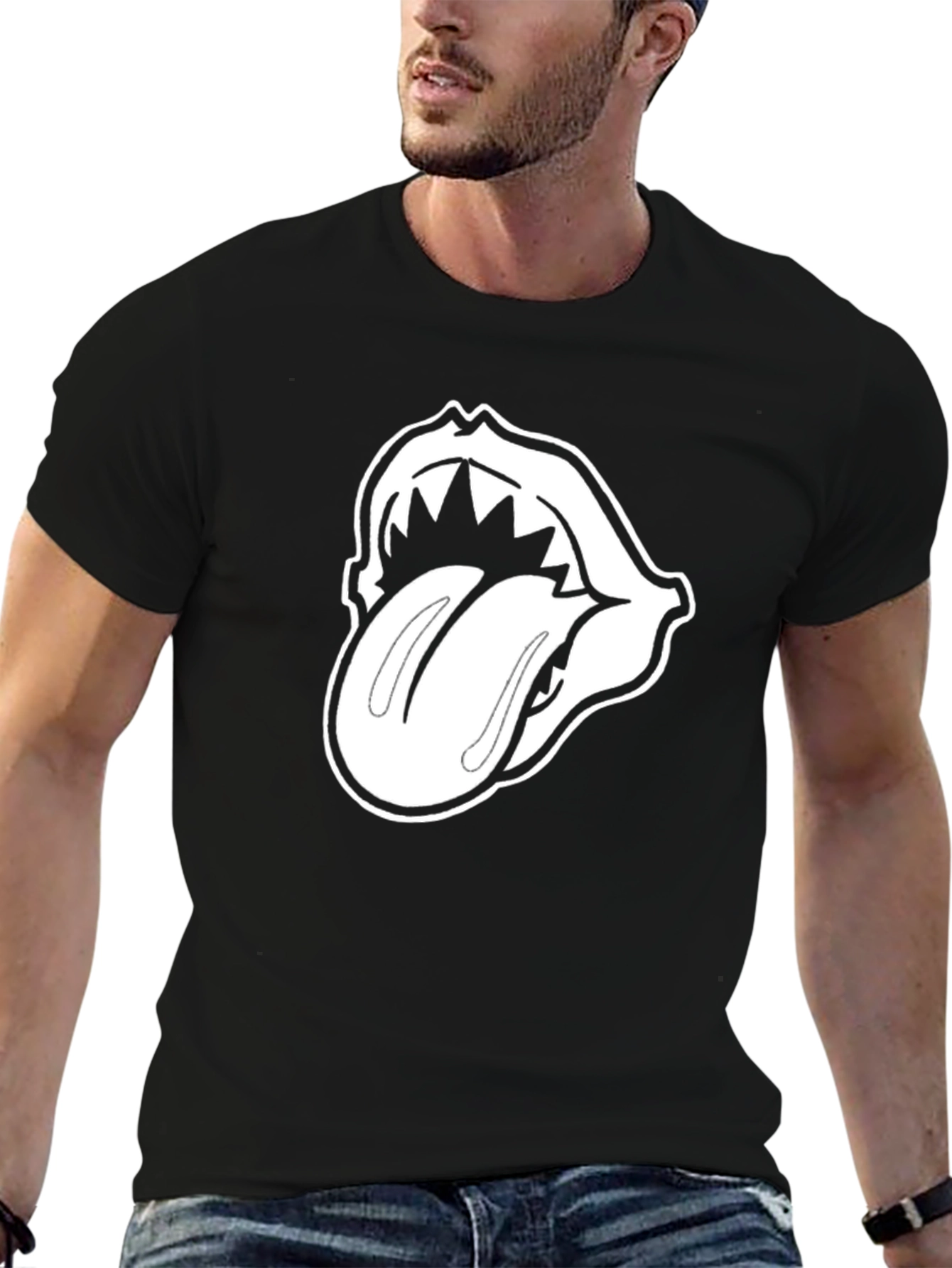 Black T-Shirt with White Tongue Graphic
