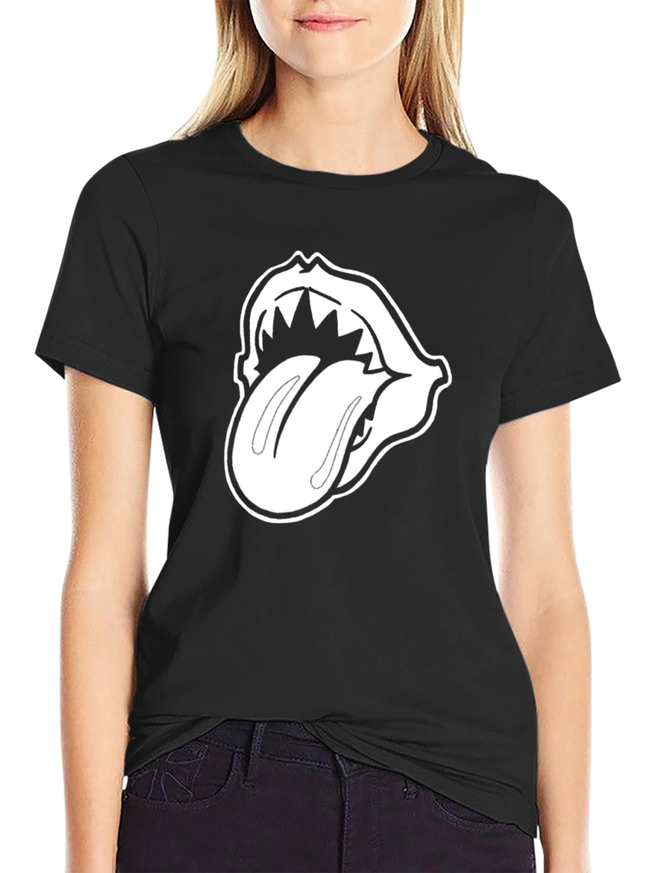 Black T-Shirt with White Tongue Graphic