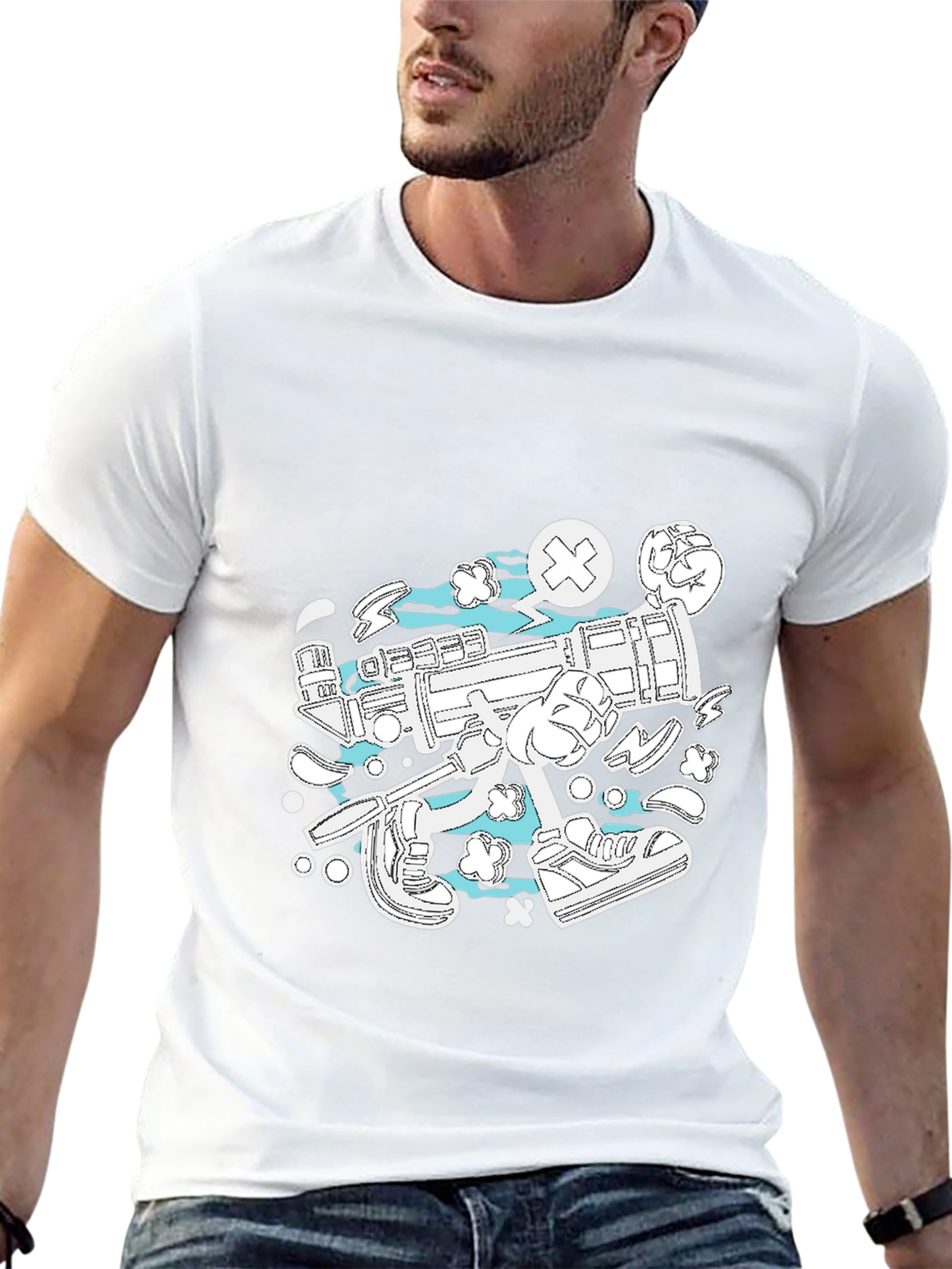 Funky Cartoon Style Graphic Tee - Black Cotton