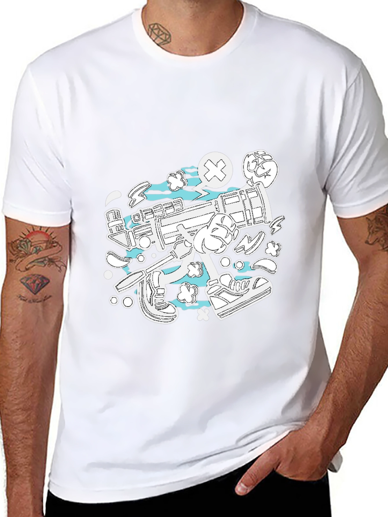 Funky Cartoon Style Graphic Tee - Black Cotton