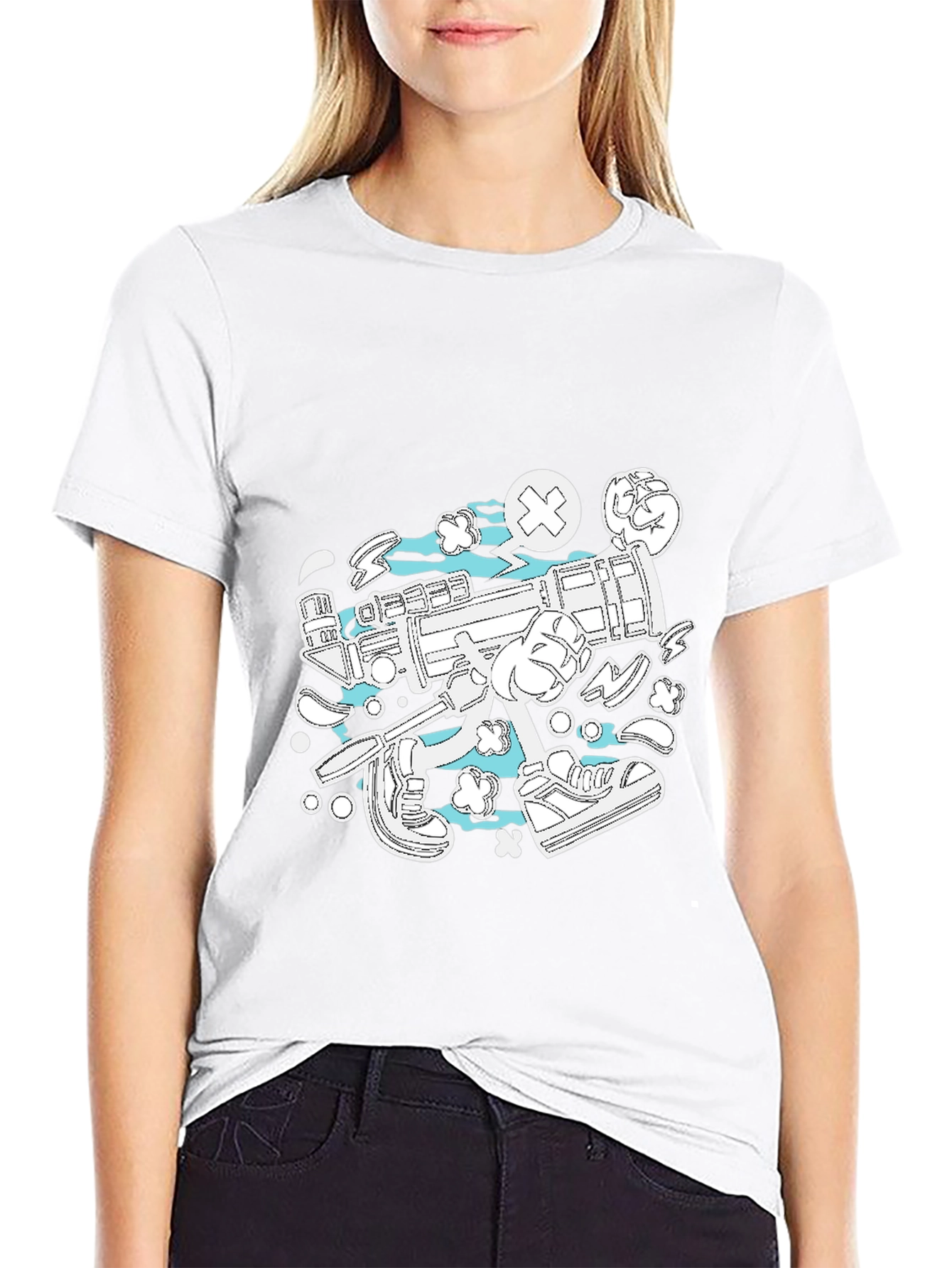 Funky Cartoon Style Graphic Tee - Black Cotton