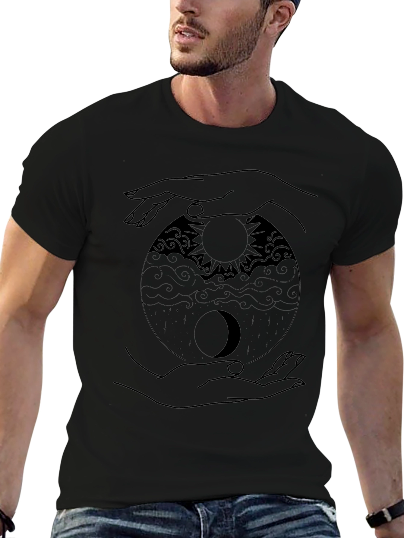 Yin Yang Sun Moon Hands Graphic Tee - Black