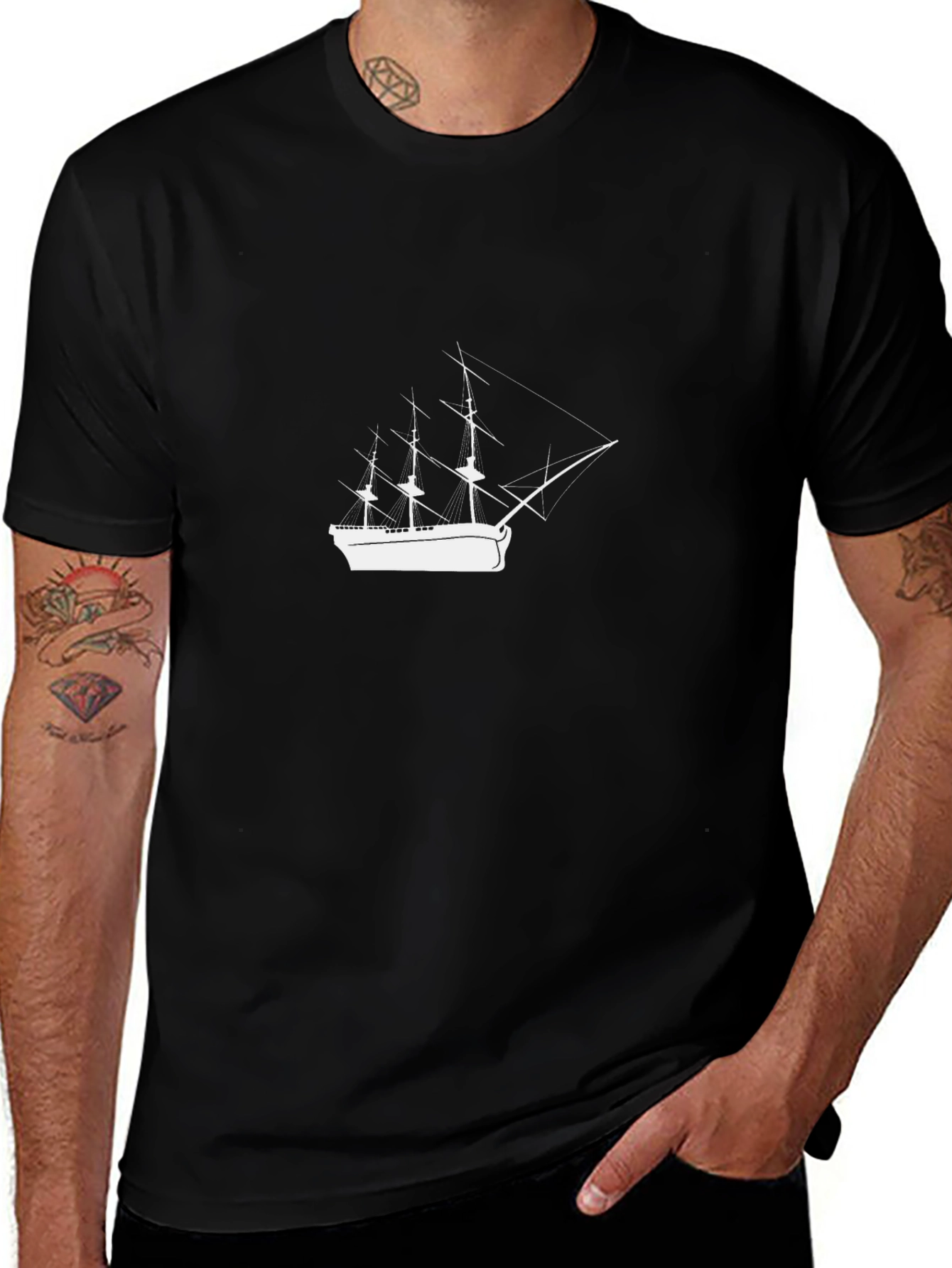 Mens Black T-Shirt with White Sailboat Graphic